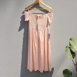 Maisie NWT Off Shoulder Smocked Pink Striped Cotton Poplin Midi Dress L